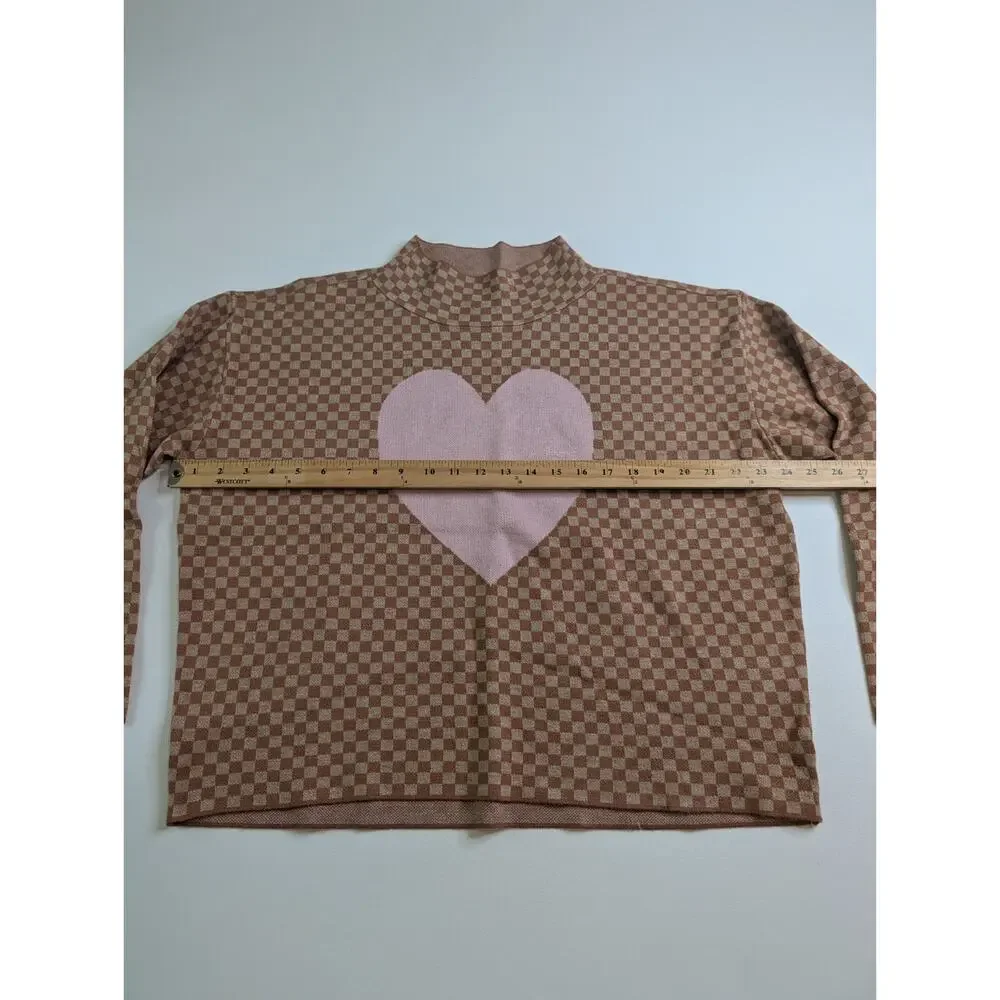 Anthropologie Maeve Carys Mock Neck Sweater Checkerboard Heart Tan & Pink M